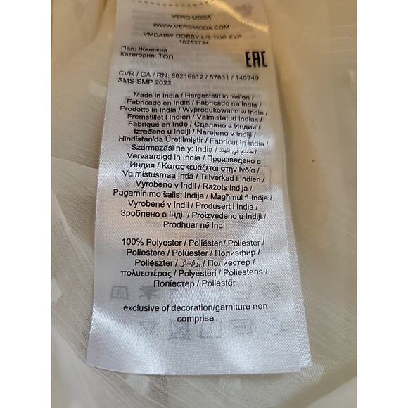 Vero Moda Ivory Swiss Dot LS Fairy Ruffled Smocked Sheer Blouse Women's Large - Picture 12 of 12